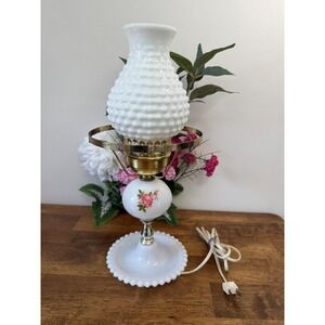 Vintage Hobnail Milk Glass Lamp Floral Decal Cottagecore Lighting MCM Table Lamp